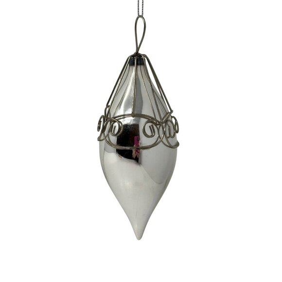 Vintage Silver Blown Glass Teardrop Christmas Ornament Wire Cage Mercury Finish - Picture 12 of 16